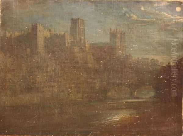 Moonlit View Of Durham Cathedral From The River Oil Painting by Henry Pether