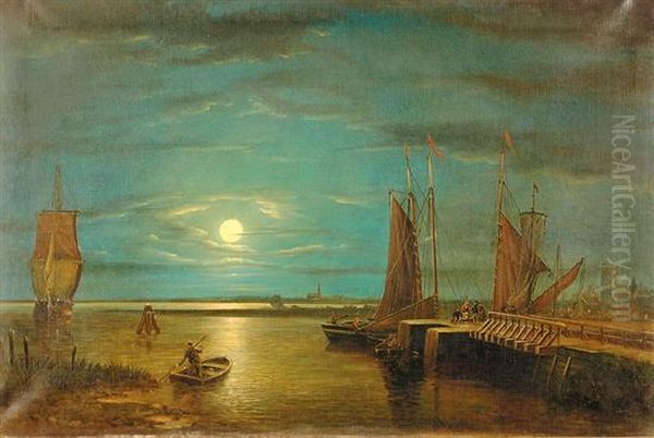 Docks In Moonlight Oil Painting by Henry Pether