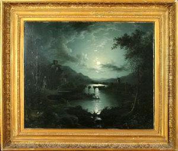 A Moonlit Landscape With A Ruined Bridge And A Windmill. Oil Painting by Henry Pether