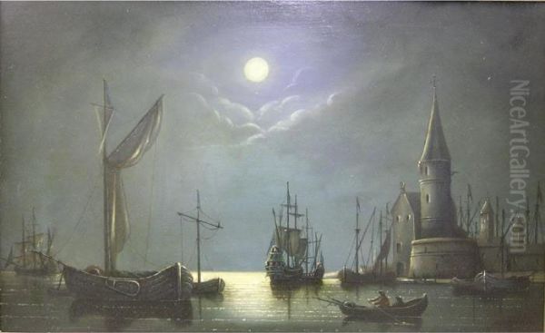 Moonlit Coastalscene, Oil On Panel Oil Painting by Henry Pether