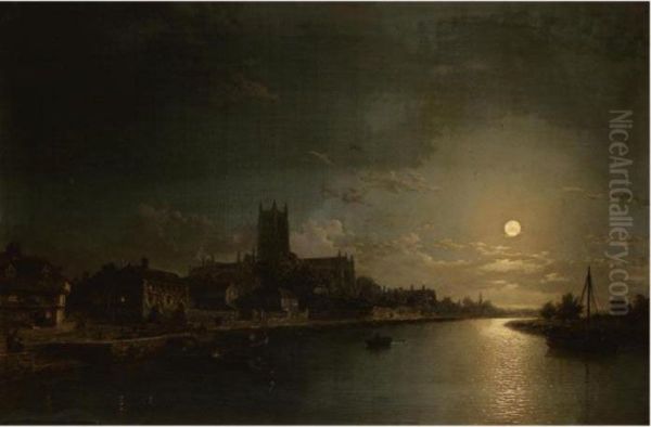 Moonlight On The River Severn With Worcester Cathedral Oil Painting by Henry Pether