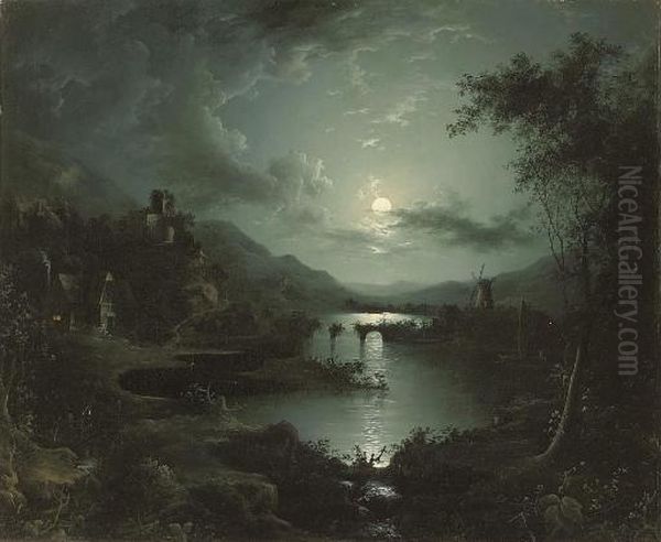 A Cottage And Castle Along A Moonlit River, A Windmill Beyond Oil Painting by Henry Pether