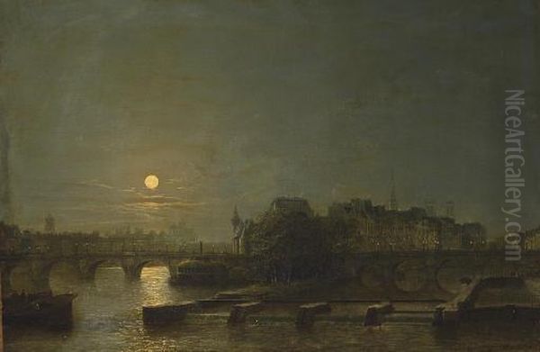 Moonlight Over The Seine Oil Painting by Henry Pether