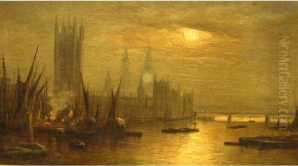 Houses Of Parliament And London Bridge Under Moonlight Oil Painting by Henry Pether