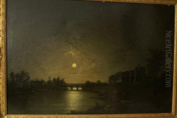 Moonlit River, With Castle Ruins Oil Painting by Henry Pether