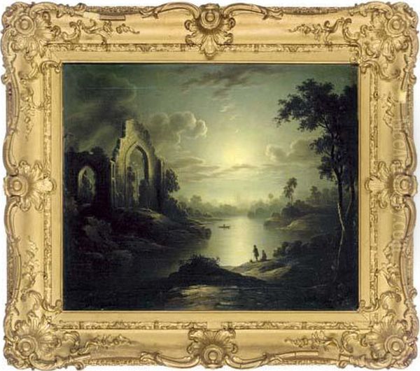 Figures In A Moonlit River Landscape, A Church Ruin Beyond Oil Painting by Henry Pether