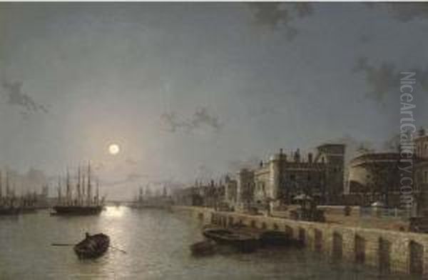 View Of The Thames By Moonlight Oil Painting by Henry Pether