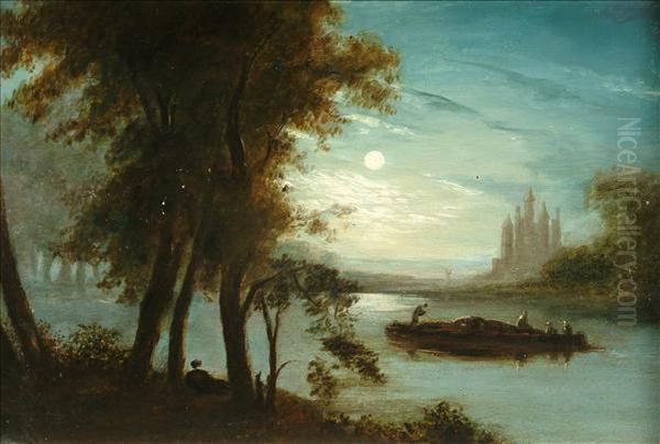 River Scene Withfigures On A Bargae By Moonlight Oil Painting by Henry Pether