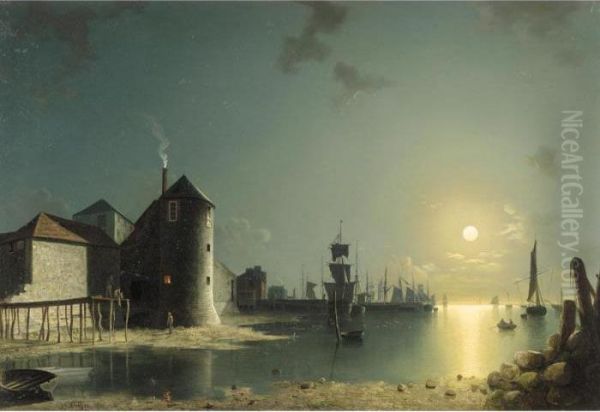 A View Of Southampton Harbour By Moonlight, With Buildings And Shipyards Oil Painting by Henry Pether