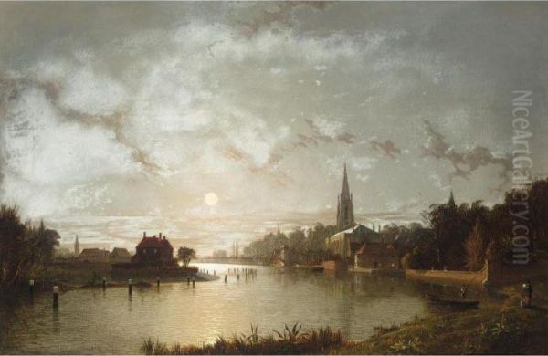 View Of Marlow From The Thames By Moonlight Oil Painting by Henry Pether