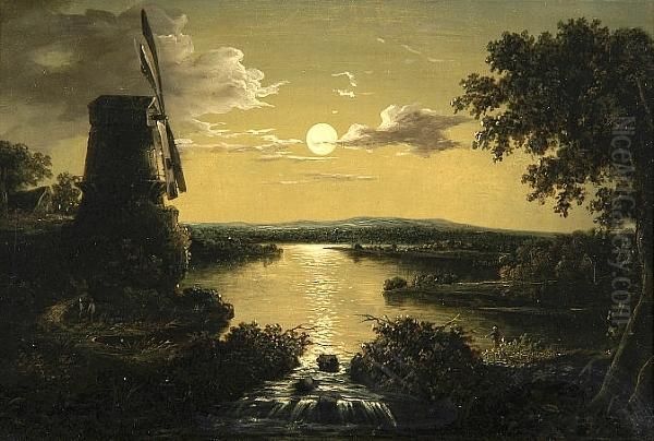 Windmill On A Moonlit Estuary Oil Painting by Henry Pether