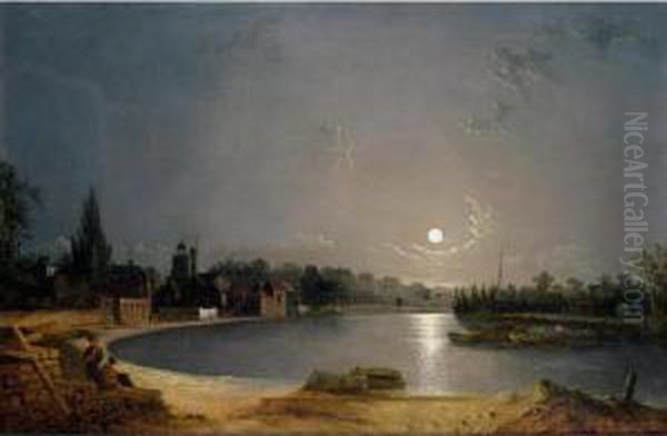 The Thames At Moonlight, Twickenham Oil Painting by Henry Pether