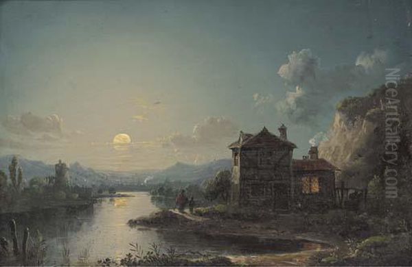 Figures By A Cottage In A Moonlit River Landscape Oil Painting by Henry Pether