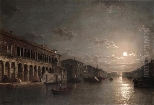 Moonlight On The Grand Canal, Venice Oil Painting by Henry Pether