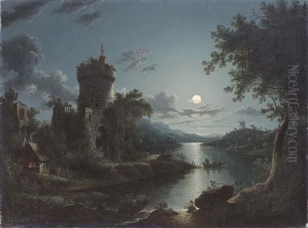 A Moonlit Castle On A Riverbank Oil Painting by Henry Pether