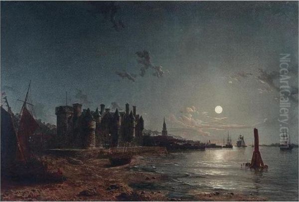 A Moonlit Estuary Oil Painting by Henry Pether