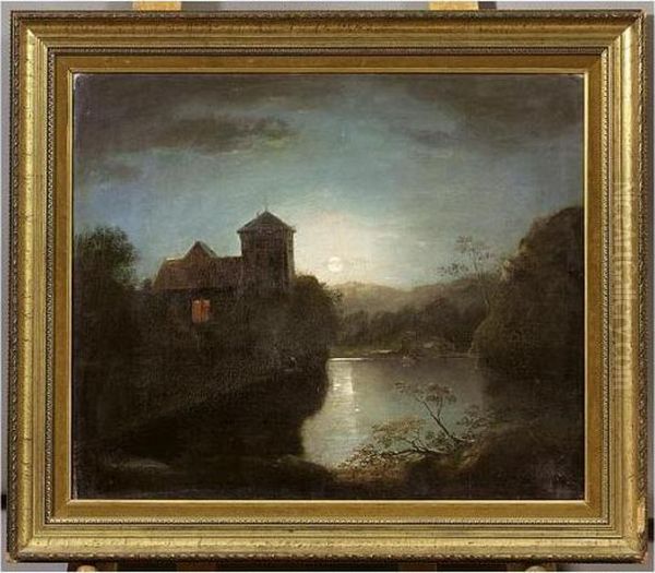 A Moonlit River Scene Oil Painting by Henry Pether