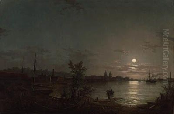 Greenwich Reach - Moonlight Oil Painting by Henry Pether