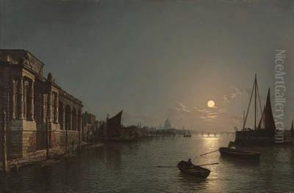 View On The Thames By Moonlight,
 With The Terrace Of Somerset Housein The Foreground, And St. Paul's 
Cathedral And The City Gatehousebeyond Oil Painting by Henry Pether