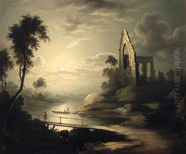 Figures In A Moonlit River Landscape With A Ruined Abbeybeyond Oil Painting by Henry Pether