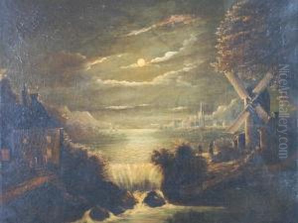 Moonlit River Landscape With Waterfall And Windmill Oil Painting by Sebastian Pether