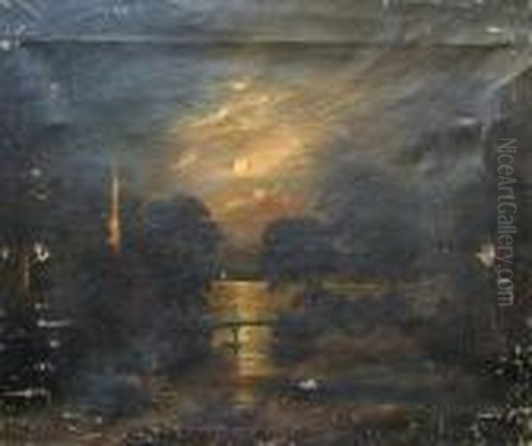 Moonlit River Scene Withwoodland And Bridge Oil Painting by Sebastian Pether