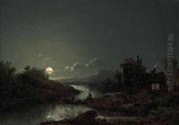 A Moonlit River Landscape With Figures Fishing And A Cottage On Theshore Oil Painting by Sebastian Pether