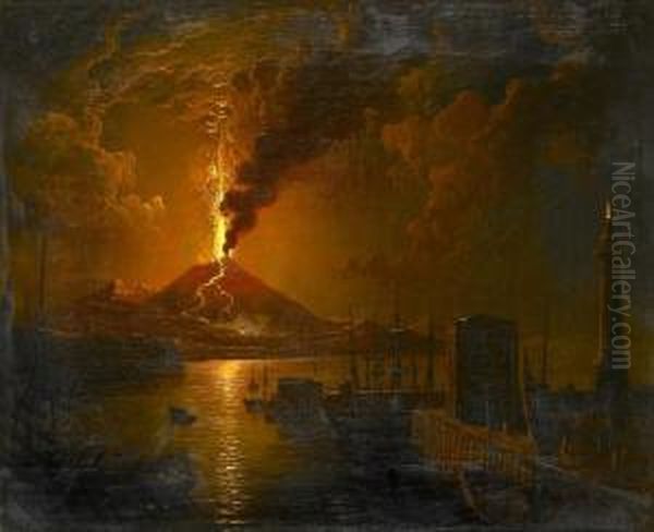 A Harbour Scene At Night Illuminated By A Volcanic Eruption Oil Painting by Sebastian Pether