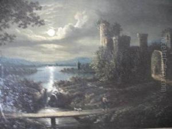 Extensive Moonlit Landscape With Ruined Castle By A Lake Oil Painting by Sebastian Pether