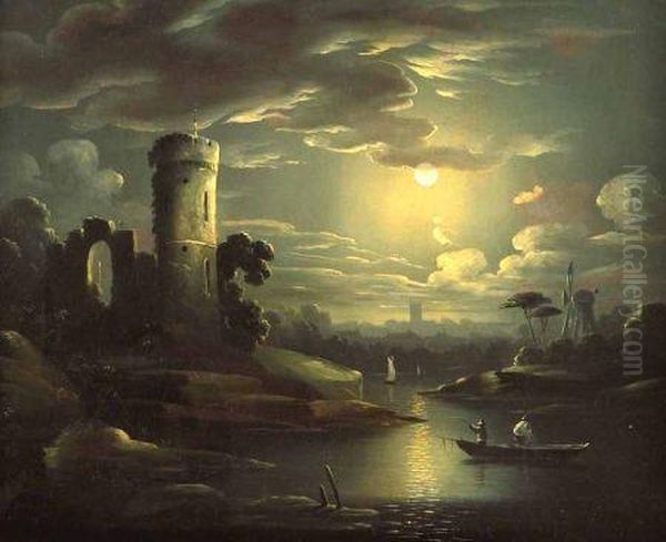 Moonlight River Landscape With Fishermen In Boat In Foreground Oil Painting by Sebastian Pether