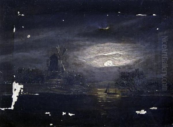 Moonlit Coast With Windmill Oil Painting by Sebastian Pether