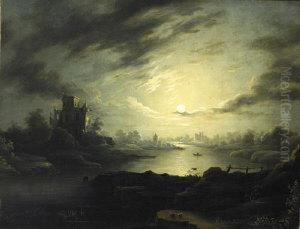 Moonlit Lake With Castle Oil Painting by Sebastian Pether