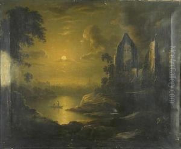 Laying Nets By Moonlight, A Lake Scene With Ruined Abbey Oil Painting by Sebastian Pether