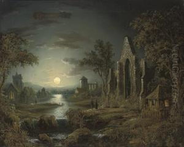 A Moonlit Wooded River Landscape
 With Figures And A Ruined Church In The Foreground, A Village Beyond Oil Painting by Sebastian Pether