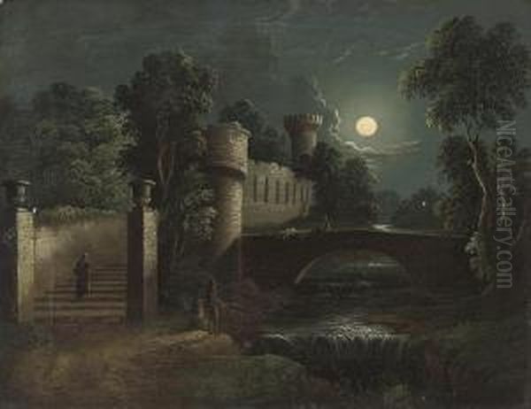 A Moonlit Wooded River Landscape With Figures Crossing A Bridge, A Castle Beyond Oil Painting by Sebastian Pether