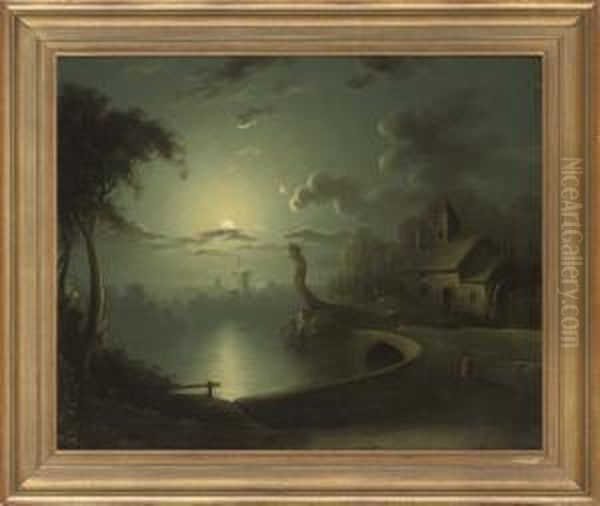 A Figure Beside A Moonlit River Oil Painting by Sebastian Pether