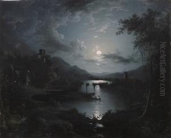 Moonlit River Scene, Windmill Beyond Oil Painting by Sebastian Pether