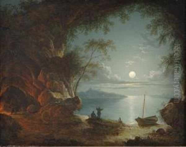 Figures In A Moonlit Cove Oil Painting by Sebastian Pether