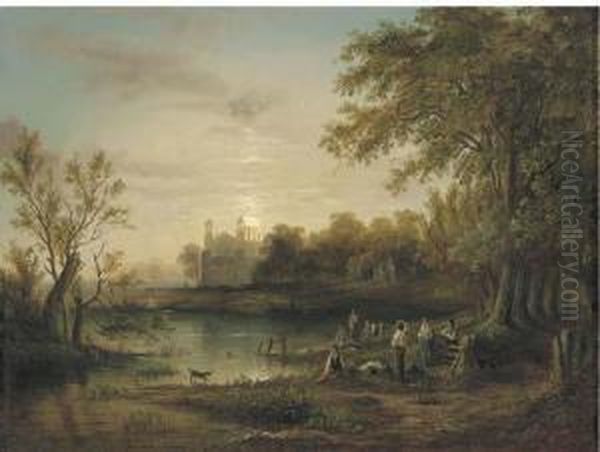 Boys Bathing By Moonlight With Eton College Beyond Oil Painting by Sebastian Pether