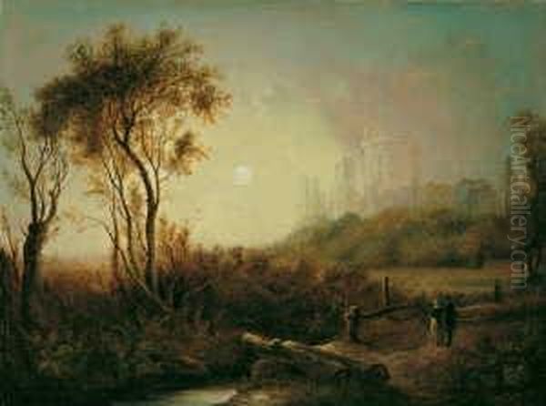 Vollmondbeschienene Landschaft Mit Windsor Castle. Ol Auf Leinwand. H 45,5; B 61 Cm. Oil Painting by Sebastian Pether