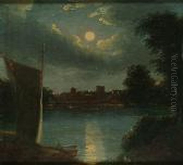 A Moonlit River Landscape Oil Painting by Sebastian Pether