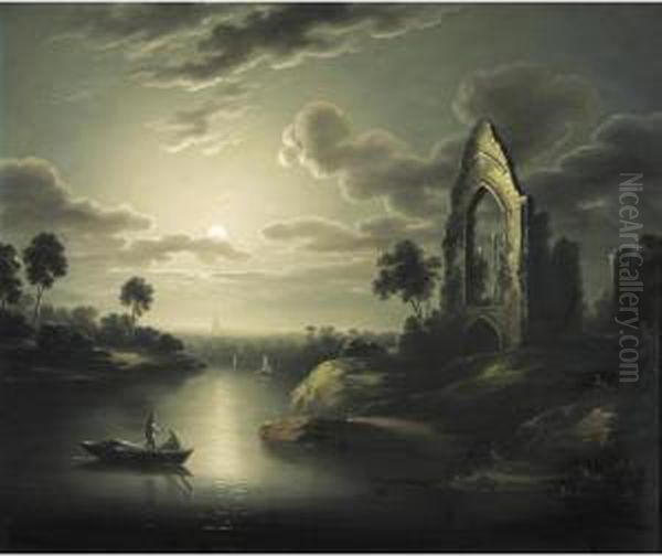 A Moonlit River With Ruin Oil Painting by Sebastian Pether