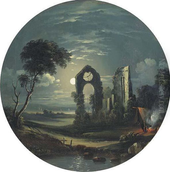 Figures Camping Next To Ruins By Moonlight Oil Painting by Sebastian Pether