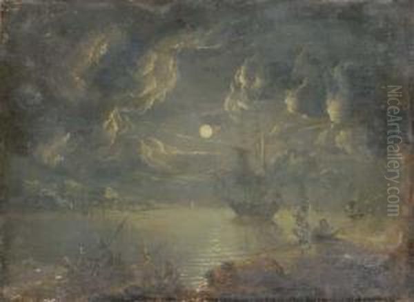 A Man-o'war And Other Shipping Off The Coast By Moonlight Oil Painting by Sebastian Pether