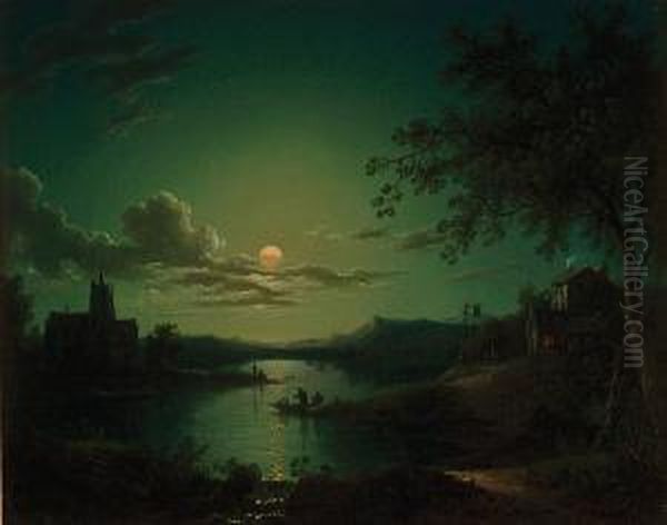 River Fishing By Moonlight - A Public House On One Bank, A Church On The Other Oil Painting by Sebastian Pether