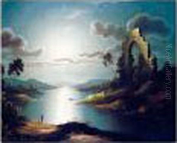 A Moonlit View Of Strangford 
Loch; A Moonlit View Of A Ruined Abbey By The Banks Of A Loch Oil Painting by Sebastian Pether