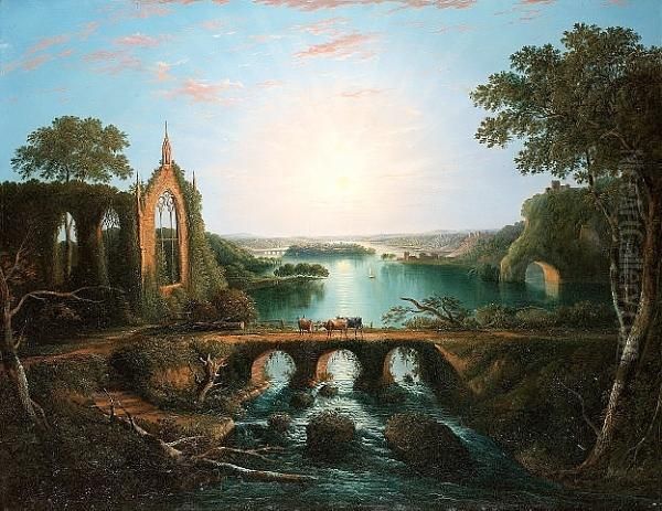 An Extensive River Landscape With Cattle On A Bridge Before A Church Ruin Oil Painting by Sebastian Pether