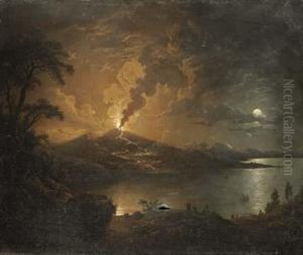 A Coastal Landscape With A Volcano Erupting By Moonlight Oil Painting by Sebastian Pether