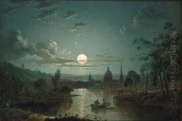 A Moonlit River Landscape With Figures In A Boat Oil Painting by Sebastian Pether