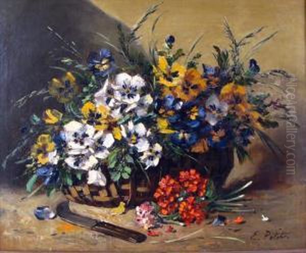 Flower Basket With Knife Oil Painting by Eugene Petit